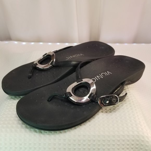 Vionic Women's Karina OrthaHeel Flip Flop Thong Sandals Black Silver Ring Size 7 - Picture 2 of 6